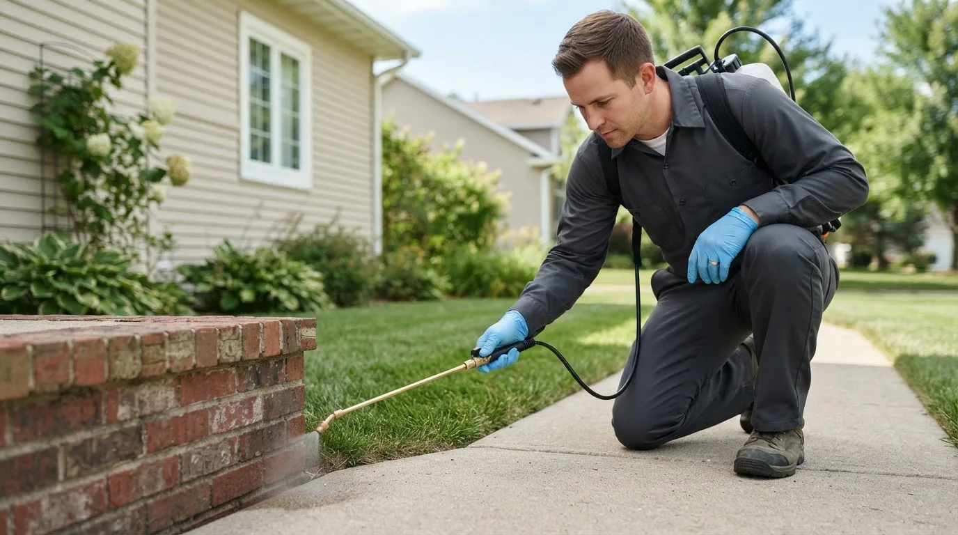 Pest control technician treating a home near Sabinal, TX